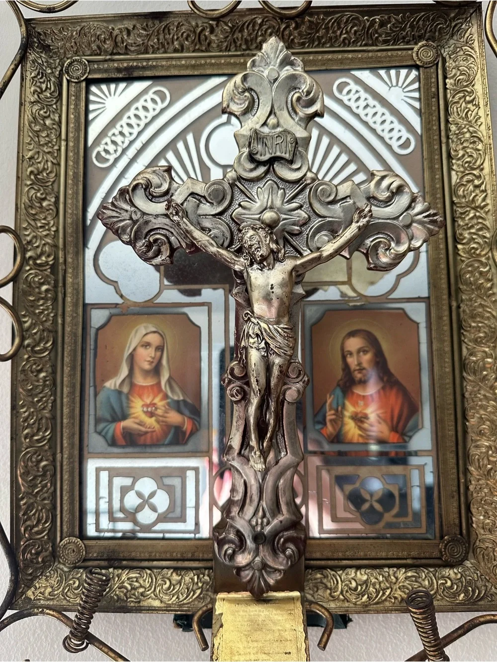 Catholic Antique Ornate Framed Reverse Painted Mirror Shrine With Crucifix